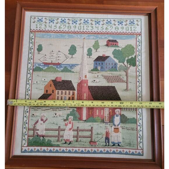 80s Needlepoint Crosstitch Cathy Needlecraft Colonial Village Framed Sampler - Picture 4 of 5